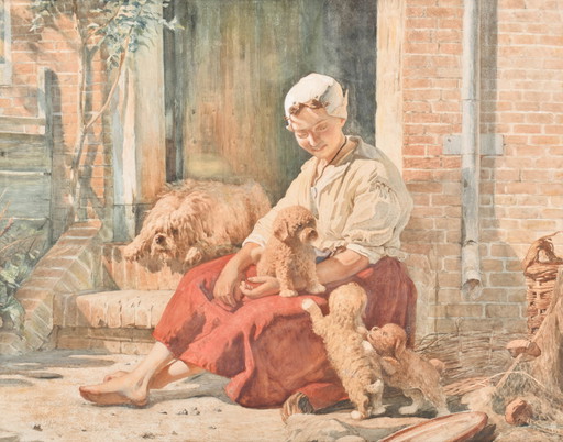 Bernard Blommers (1845-1914) - Moederhond en meisje spelen met puppies -  Aquarel - 75 x 94 cm - afmetingen aquarel 56 x 72 cm