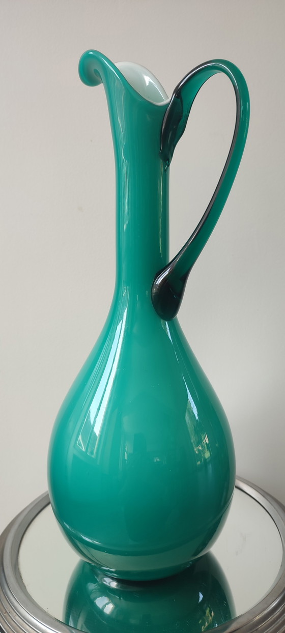 Large Vintage Empoli Double-Sided Glass Vase-Ewer (38 cm) (photo 4 of 15)