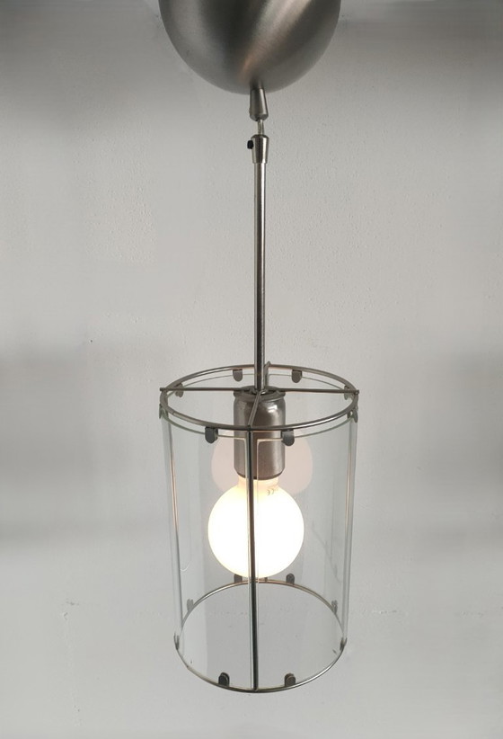 Set of 2 cylindrical Metal/glass Pendant Lights (with glass 'windows')., Ceiling lights, White (photo 5 of 10)