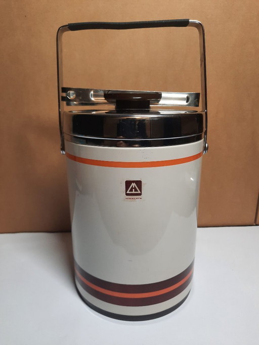 Vintage 1970s Himalaya Ice Jar – Retro Orange Stripes Ice Bucket with Tongs – Mid-Century Bar Essential