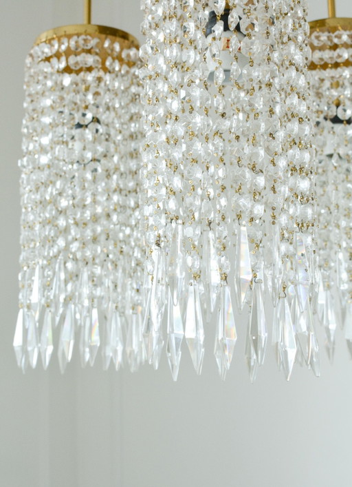 Lampadario vintage Jablonecke Sklarny in vetro boemo, ottone massiccio, 3 luci, anni '70