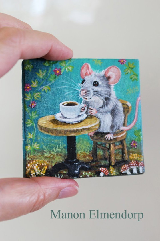Image 1 of Unique Hand-Painted Little Mouse Cafe Painting, Signed