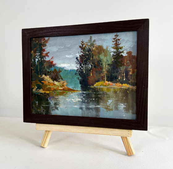Image 1 of Original Oil Painting Gloomy Forest Landscape A river washes through the autumn forest