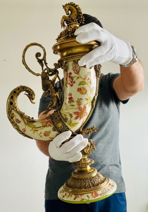 CORNE D'ABONDANCE EN PORCELAINE MONTÉE SUR BRONZE 53 CM CHEF D'OEUVRE ! !!!!