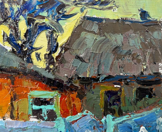 Image 1 of Original Oil Painting Evening Houses Landscape Quiet Village days