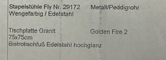 Design-Essplatz | Granittisch nach Maß + 2 FLY Peddigrohr-Stapelstühle – Esszimmergarnitur, Metall, Rattan (photo 15 of 15)