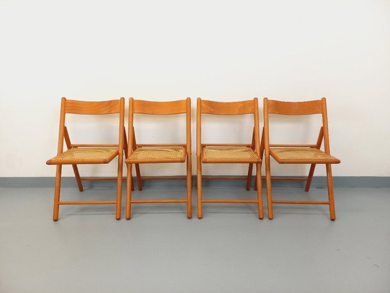 Image 1 of Set of 4 vintage Habitat folding chairs in beech wood and caning from the 1980s
