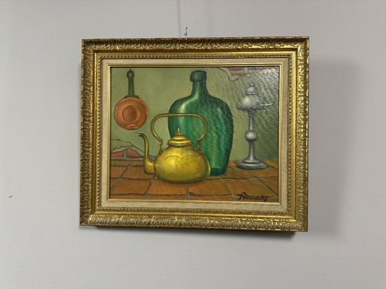 Image 1 of Magical Realist Kettle and Jug Still Life by Ferdinand Vercnocke, Oil on Canvas, Belgium, Mid-20th Century