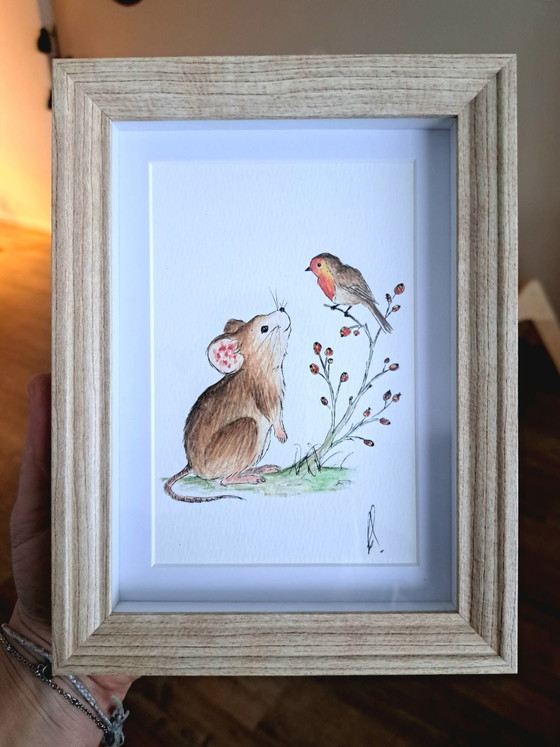 Watercolor Painting Mouse with Robin | With frame – Paintings & Drawings, Paper (photo 4 of 5)