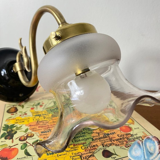 Image 1 of Aplique de cuello de cisne de latón con pantalla de tulipa de cristal