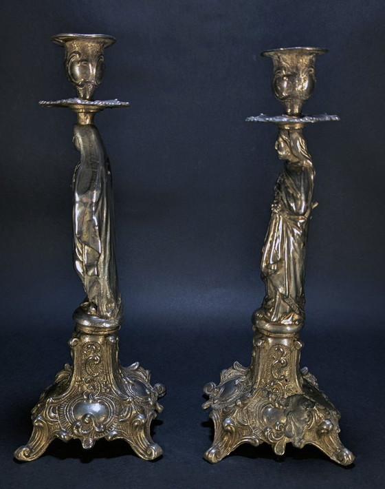 Antique Religious Candlesticks – Candle holders, Metal, Silver (photo 3 of 8)