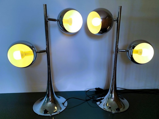 Image 1 of RARE - Pair of vintage design chrome Eye Ball lamps - Tulip base - Adjustable globes