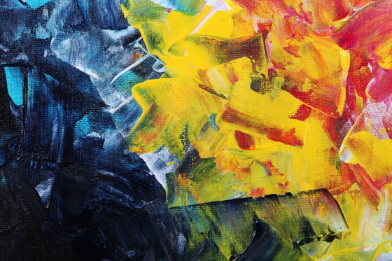 Image 1 of Acrylic painting on canvas in blue, pink, and yellow.