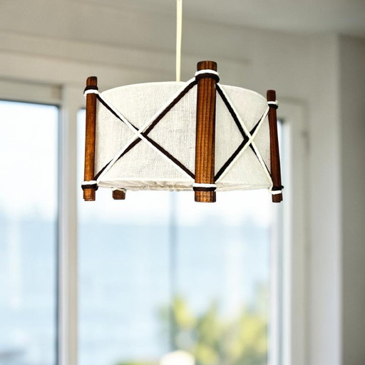 Nautical style Scandinavian wood and linen lampshade hanging lamp vintage
