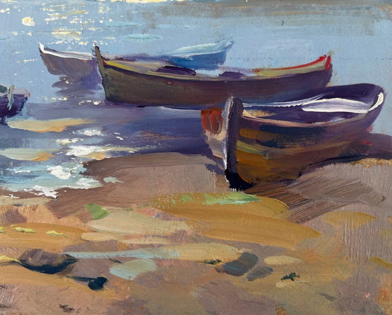 Image 1 of Peinture à l'huile originale représentant un paysage urbain fluvial avec des bateaux au clair de lune