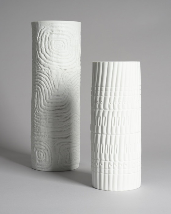 Image 1 of M. Freyer & W. Schreib Rosenthal Bisque Porcelain Vase Duo Op Art Relief 70s XL & L