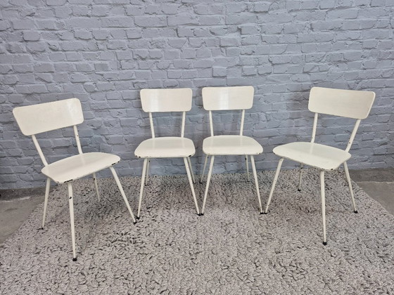 Image 1 of Industrial Wooden Chairs in All-White Finish, Set of Four – The Netherlands, 1950s