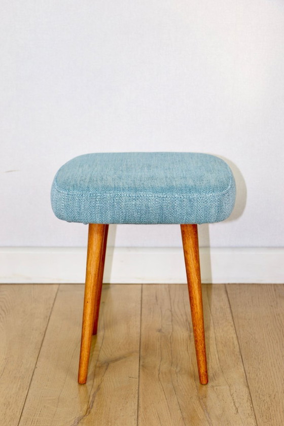 Image 1 of Blue turquoise square vintage stool PRL 1970s