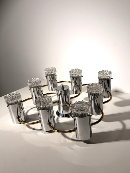 Vintage deutscher Kronleuchter im Space-Age-Stil mit 8 Leuchten aus Chrom und Messing – 1970er Jahre – kroonluchters, Glass