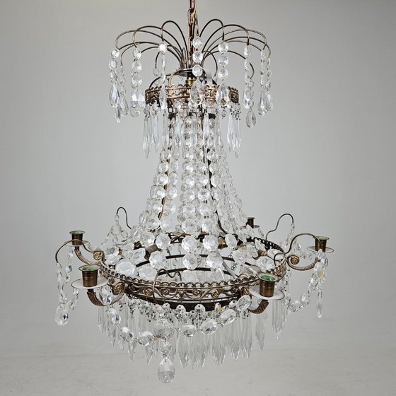 Image 1 of Empire-Style Brass Chandelier — Prism Décor — 7-Light Statement Piece — 20th Century