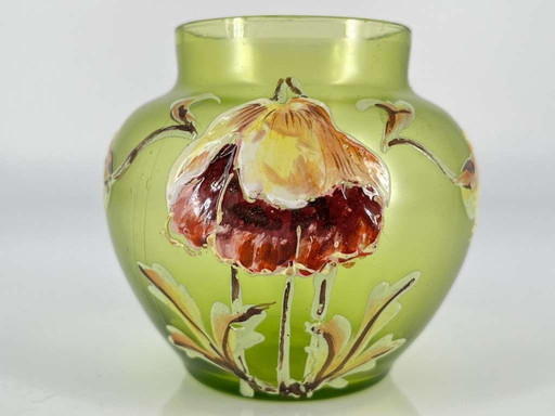 Rare vase en verre Art nouveau avec peinture émaillée noble