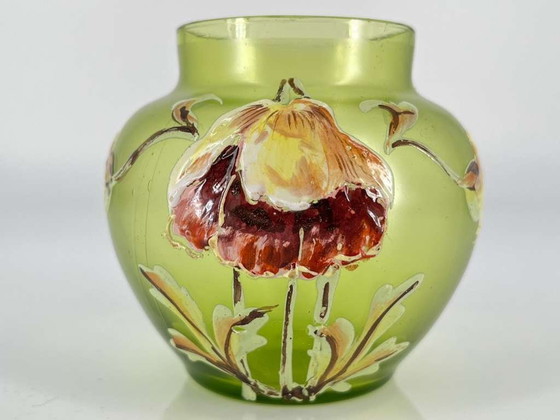 Image 1 of Rare Art Nouveau glass vase with fine enamel painting