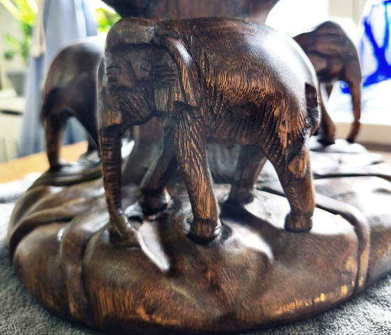 Sgabello / Tavolino elefante thailandese intagliato a mano in legno massello di Suar – Incl. statuetta (photo 3 of 15)