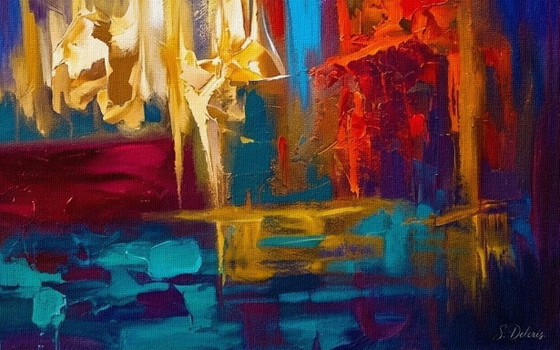 Peinture Abstraite Colorée "La Danse Des Flammes" / (60x60 Cm) – Peintures et dessins, Wood, Aluminium (photo 2 of 5)