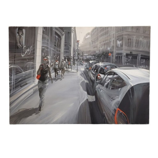 Acryl op doek “Faubourg Saint-Honoré, Parijs” Kerdalo, hedendaags, jaren 2000 - Frankrijk