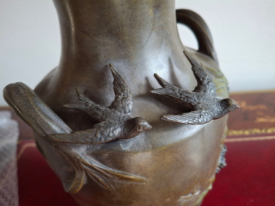 Image 1 of Pair of Art Nouveau spelter vases with triple patina, signed Louis and François Moreau