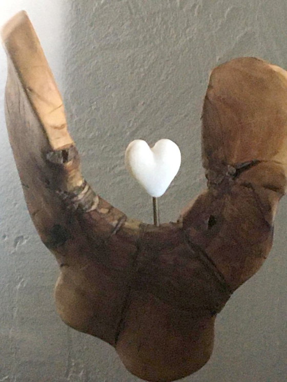 Wooden Sculpture with Heart, Organic Style, named "Heart's Refuge", Metal, Brown, Organic Modern (photo 7 of 12)