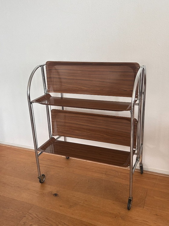 Bremshey "Dinett" Carrello bar pieghevole in cromo e venatura del legno (anni '70) – Carrelli bar, Wood (photo 3 of 8)