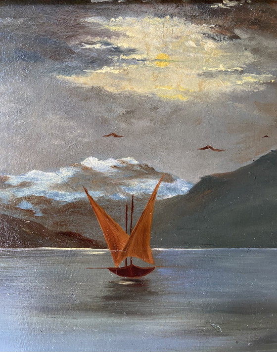 Image 1 of Swiss Oil Painting of Lake Geneva with Vaudoise Sailboat & Dents du Midi, c.1900–1930