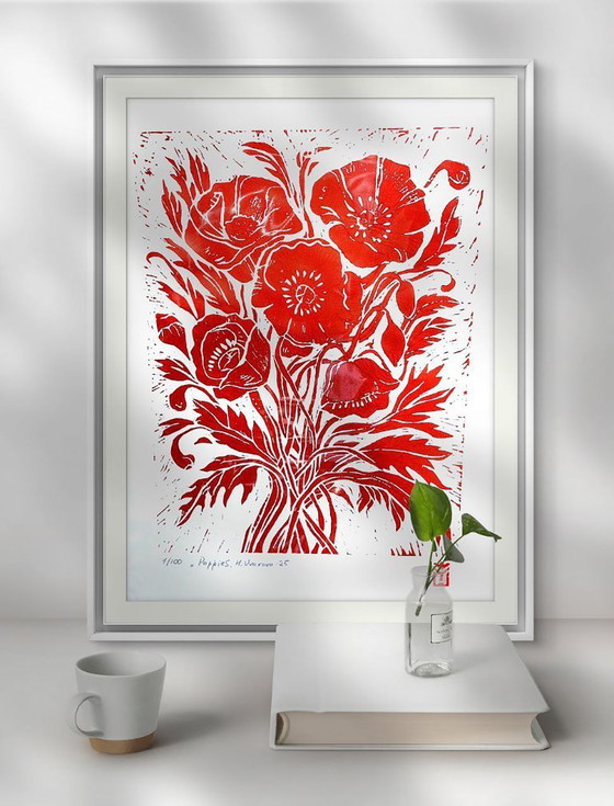 Image 1 of Papaveri - Stampa linoleografica fatta a mano in formato A3