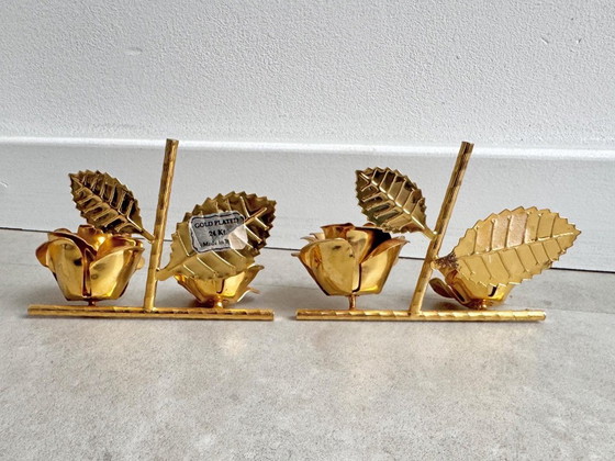 2x Italiaanse Vintage Vergulde Rozen Kandelaars - Hollywood Regency – Kandelaars en kaarsen, Gold, Metal (photo 5 of 10)