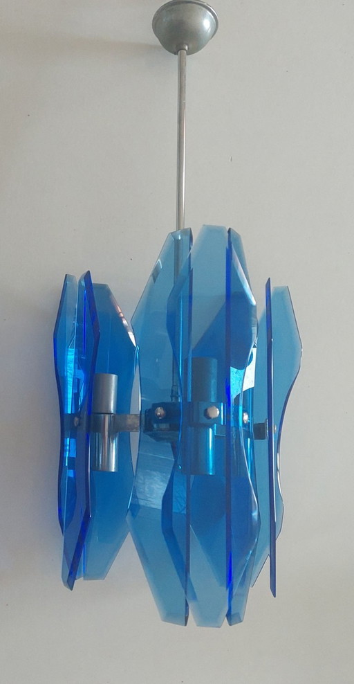 Italian Blue Glass Mid Century Suspension Ceiling Lamp by Veca 