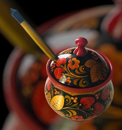 Turned wooden pot and spoon Soviet handicraft
