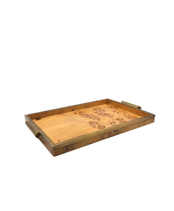 Image 1 of Hollywood regency brass & burl tray, Italy 1970s