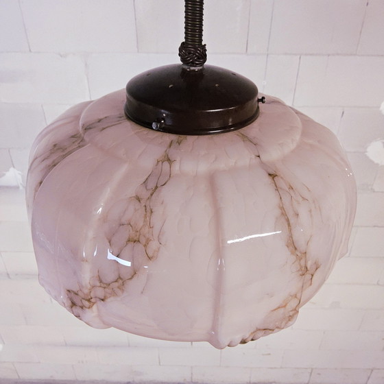 Image 1 of Antique Art Deco Pendant Lamp with Light Pink Marbled Glass (Ceiling Lamp)