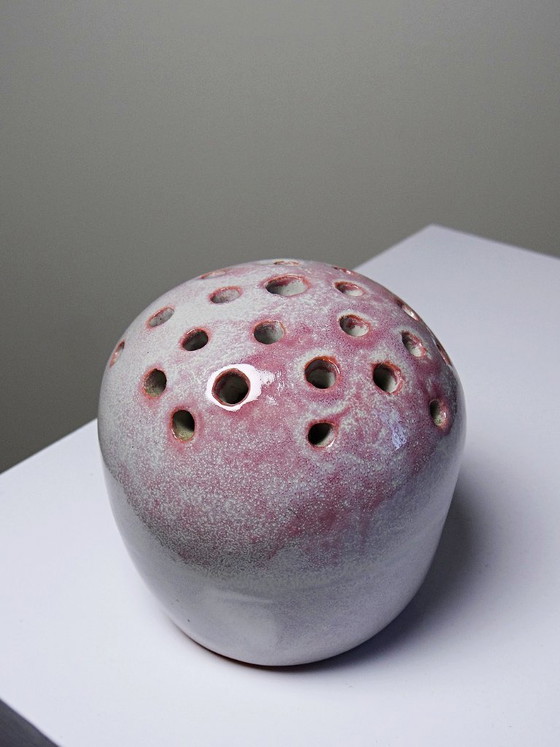 Image 1 of Glazed terracotta flower frog signed PB 86, vintage 1980s