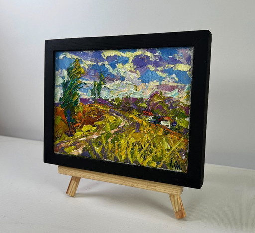 Original Oil Painting Summer Village Landscape Clouds float like fairy tail ships
