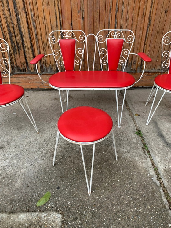 White Metal & Red Leatherette Garden Set, 1968, Set of 4, Mid Century Modern (photo 5 of 9)