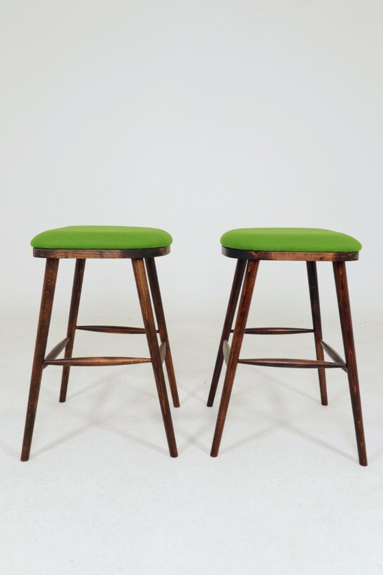 Image 1 of Beech Wood Bar Stools – Green Recycled Wool Upholstery, Rustic Mid-Century Style