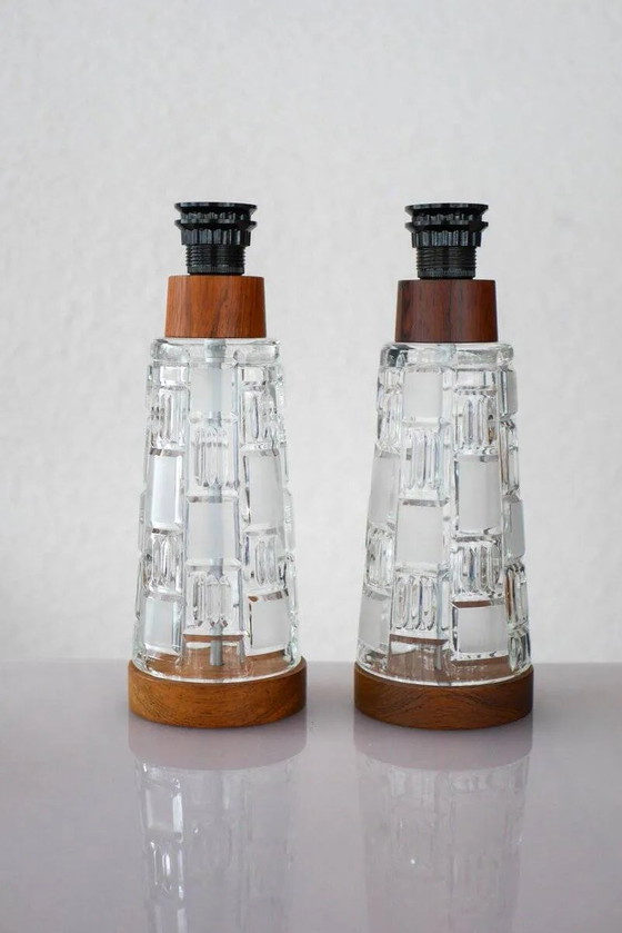 Image 1 of Mid-century modern Scandinavian teak and glass table lamps, set of 2
