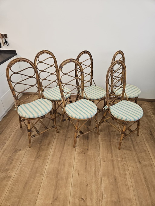6 Italian vintage designer chairs, bamboo rattan