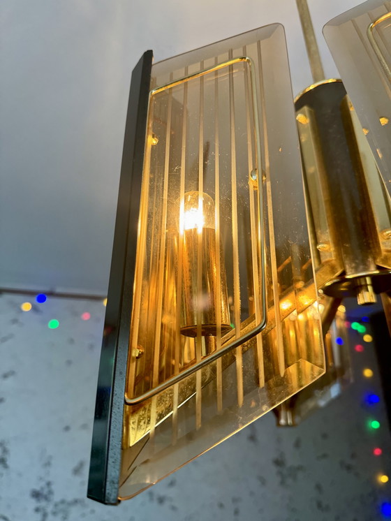 Image 1 of Massive Vintage Design Brass Chandelier With Etched Glass