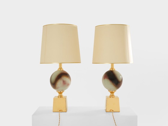 Image 1 of Philippe Barbier pair of large ceramic and brass table lamps 1970s