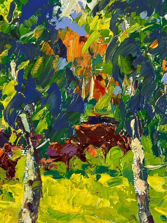 Image 1 of Original Oil Painting Nature Landscape Pasture Autumn Morning in the Meadows