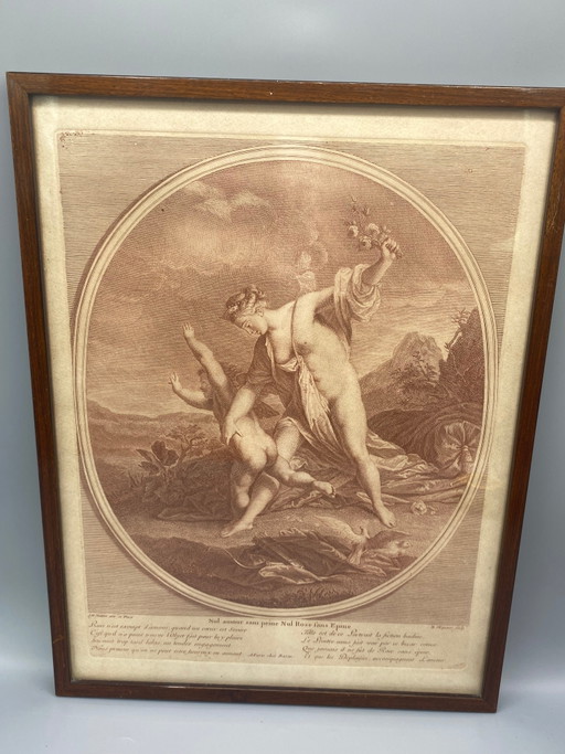 No love without sorrow, No rose without a thorn, ancient engraving after Nattier by Lépicé, 18th century