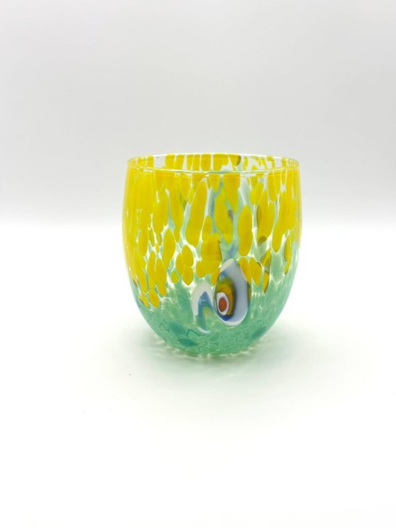 Image 1 of Set van 6 Venetiaanse glazen van geblazen glas met Murano-effect (murrine) in het glas verwerkt, handgemaakt in Italië.